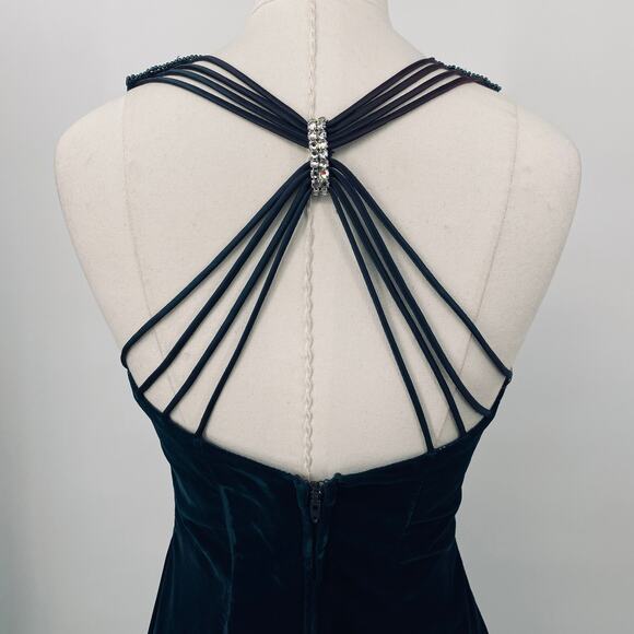 Vintage 90s Velvet Column Gown Sequin Halter Neck Strappy Back Teal Green 2 - Picture 9 of 14